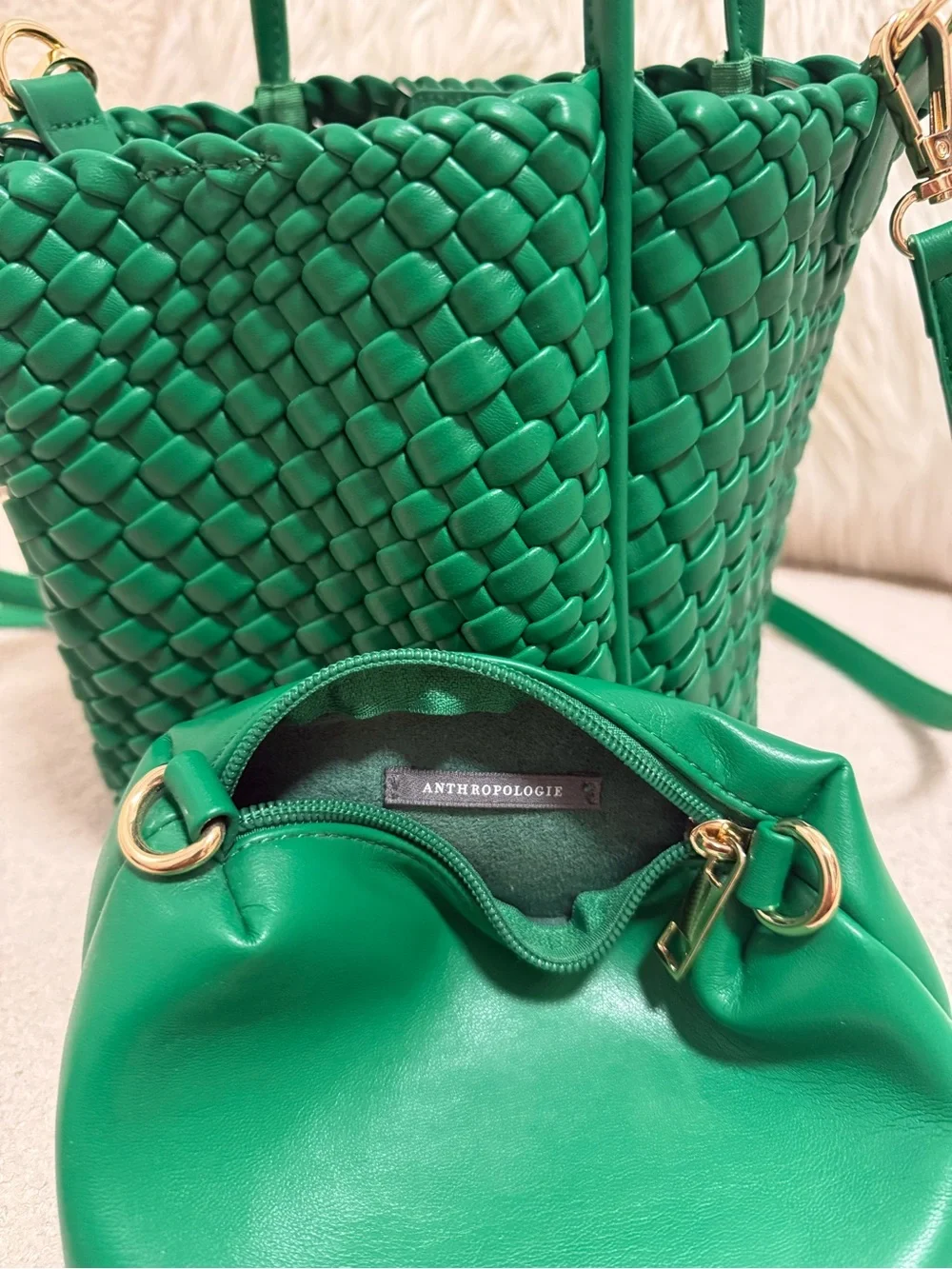 Anthropologie Bright Green Woven Tote with Matching Pouch